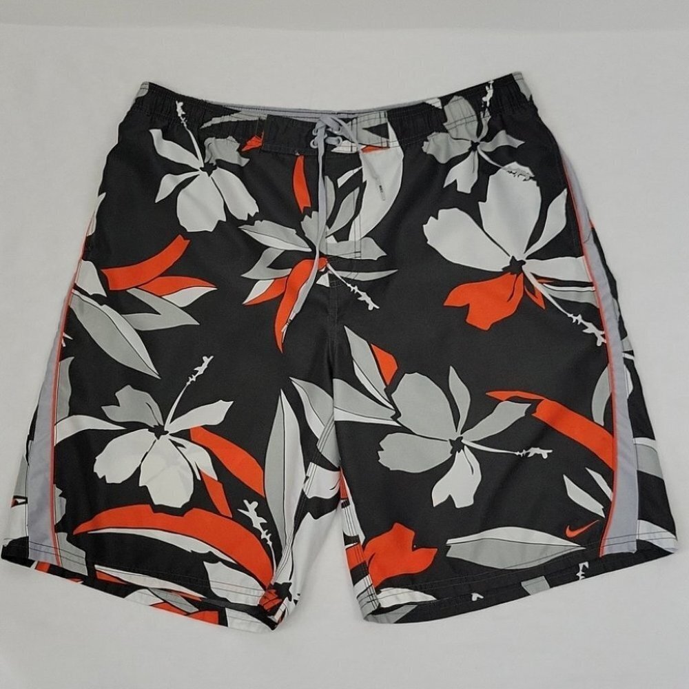 Nike Swim Trunks Hibiscus Print Gray & Orange Size Large